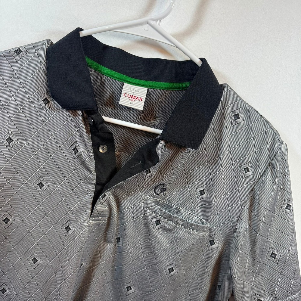 Cumar Italy Mens Grey Black Geometric Diamond Knit Polo Shirt Short Sleeve SZ M
